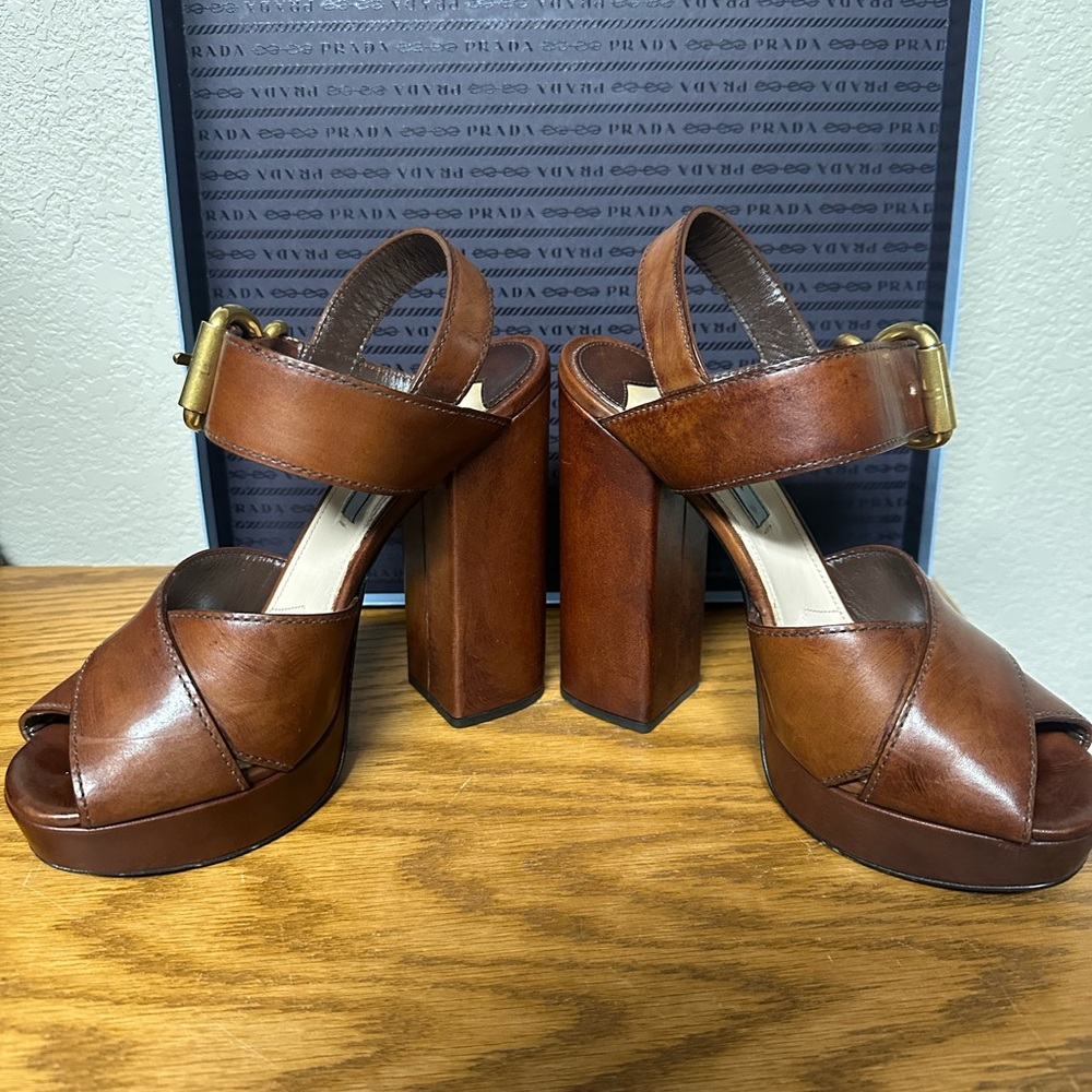 Barely worn Prada Women's Tan Leather Platform Heels